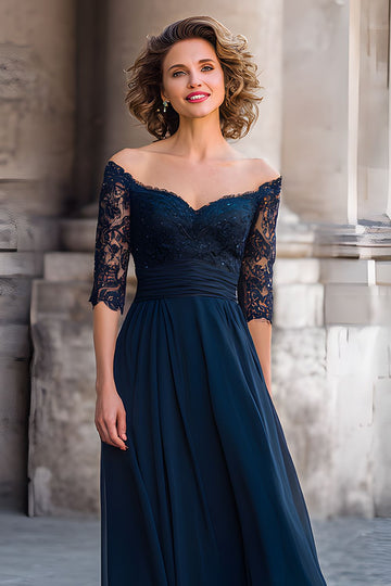 Off the Shoulder A-Line Navy Mother Of The Bride Dress With Lace